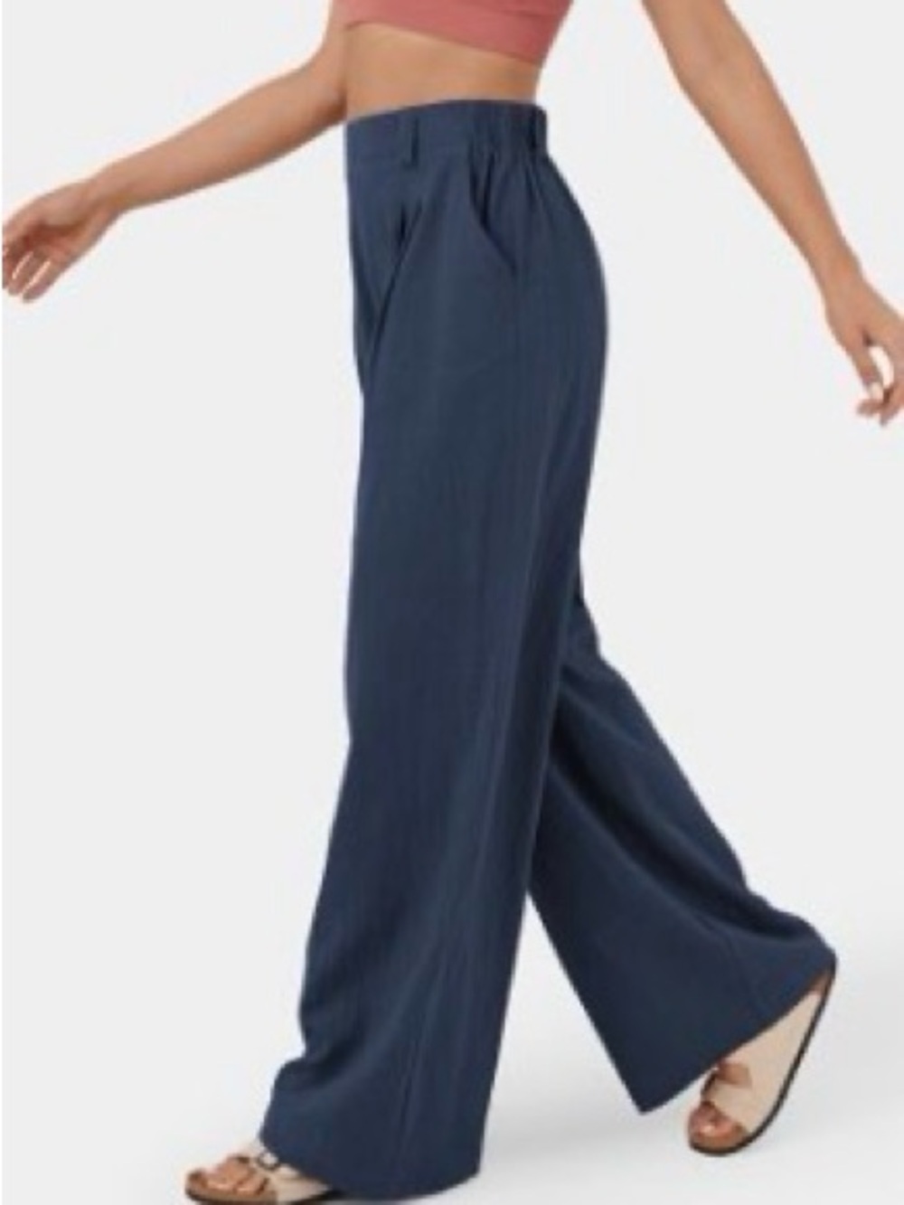 High Waisted Pocket Wide Leg Flowy Solid Palazzo Casual Linen-Feel Pants